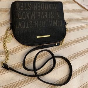 Steve Madden Black Crossbody Bag Embossed with Steve Madden, Gold chain accents
